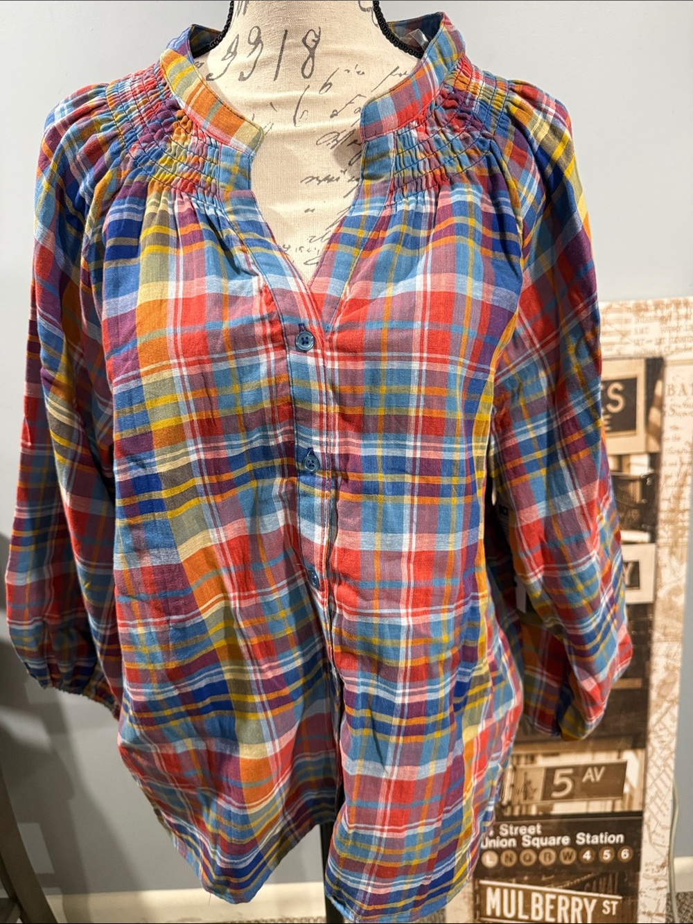 Time and Tru Red Blue Yellow Plaid Button-Front Tunic